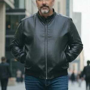 Stunning Black Leather Bomber Jacket - large tall